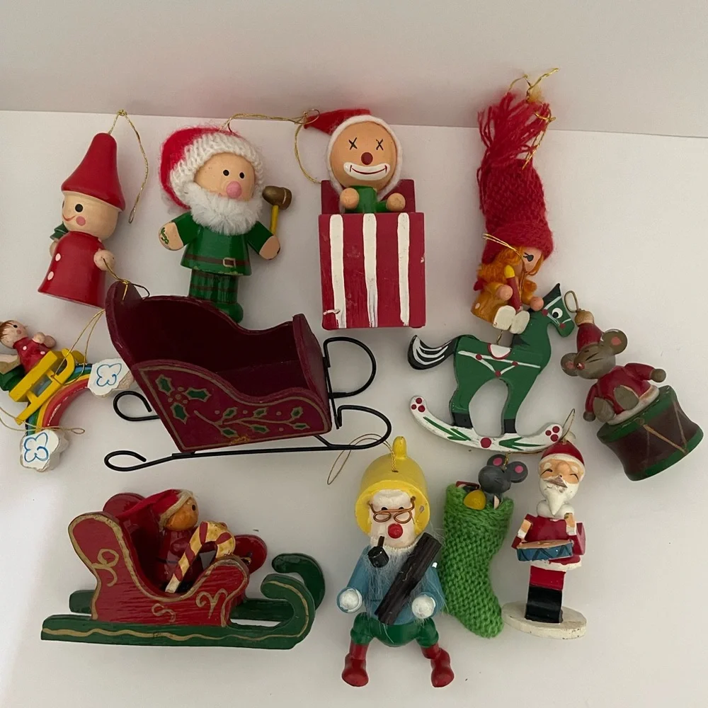 Vintage 1970s/1980s Wood Christmas Ornament Lot Kid Theme
